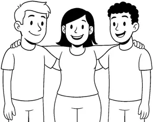 Three characters smiling with arms around each other (M/F/M)