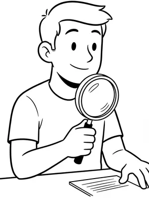 Character at a desk holding a magnifying glass