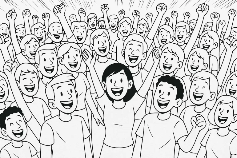 Around 30 characters cheering