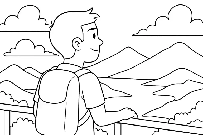 A character looking at a refreshing landscape.